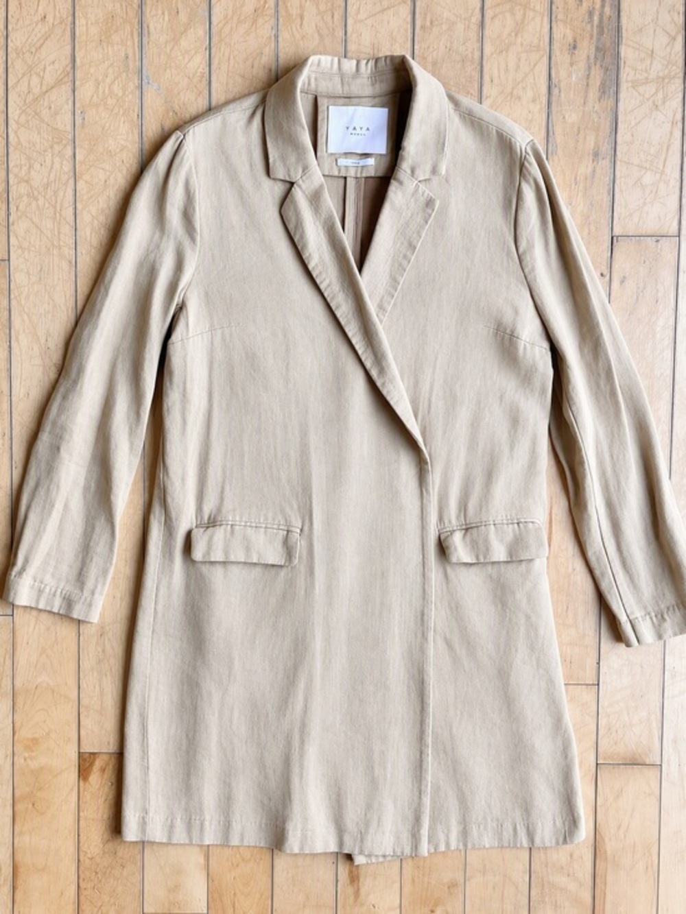 YAYA Women Minimalist 100% Cotton Longline Open Front Blazer Jacket Size EU 40